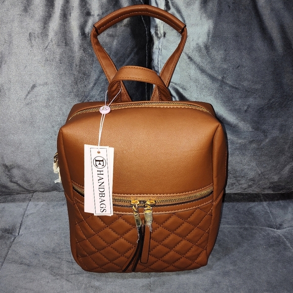NWT E-HANDBAGS VEGAN QUITTED BROWN LEATHER 3-WAY TOTE BACKPACK & SHOULDER BAG main image 7